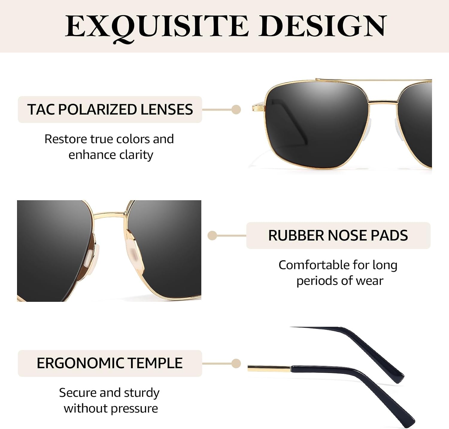 TJUTR Tangle Free Aviator Sunglasses for Women Men, Polarized UV400 Protection Sun Glasses, No-Snag Metal Frame for Outdoors