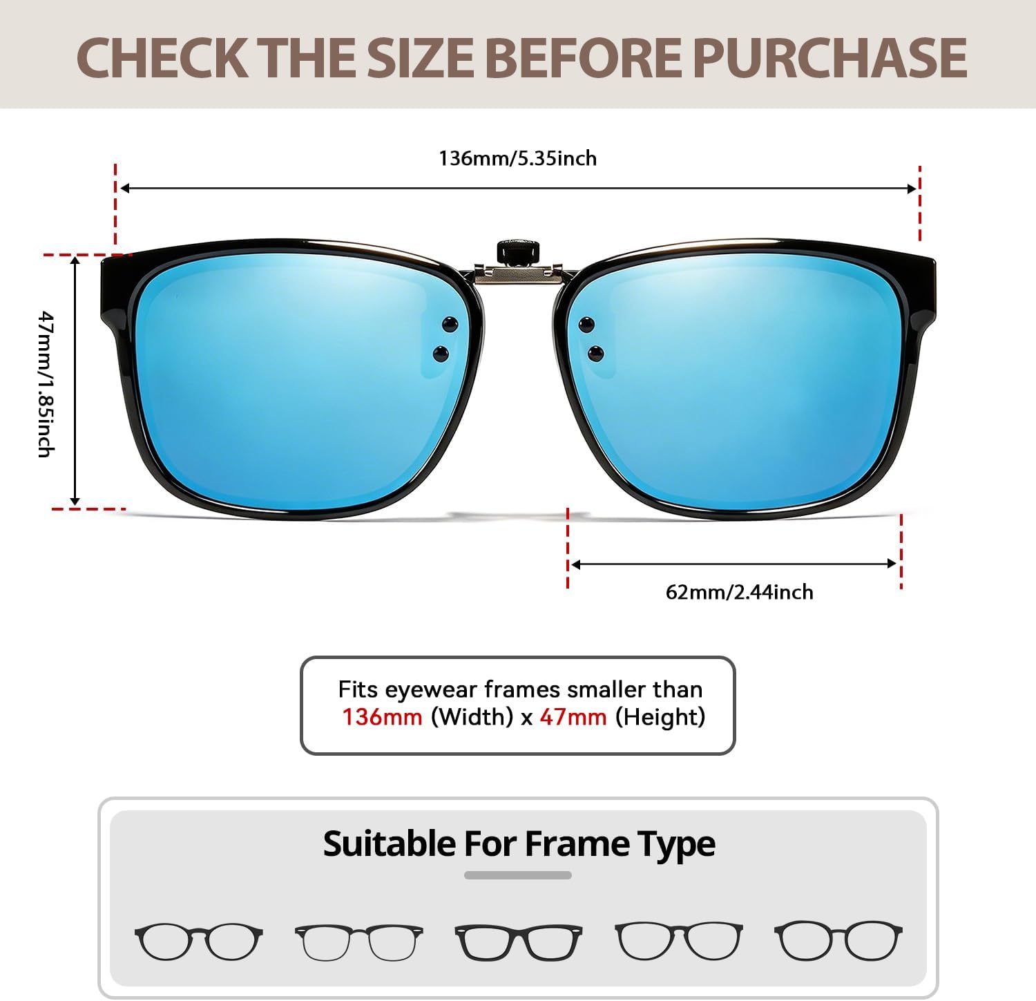 TJUTR Polarized Clip-On Sunglasses for Eyeglasses, Unisex Classic Rectangle Frame Looks Like Real Sunglasses UV400 Protection