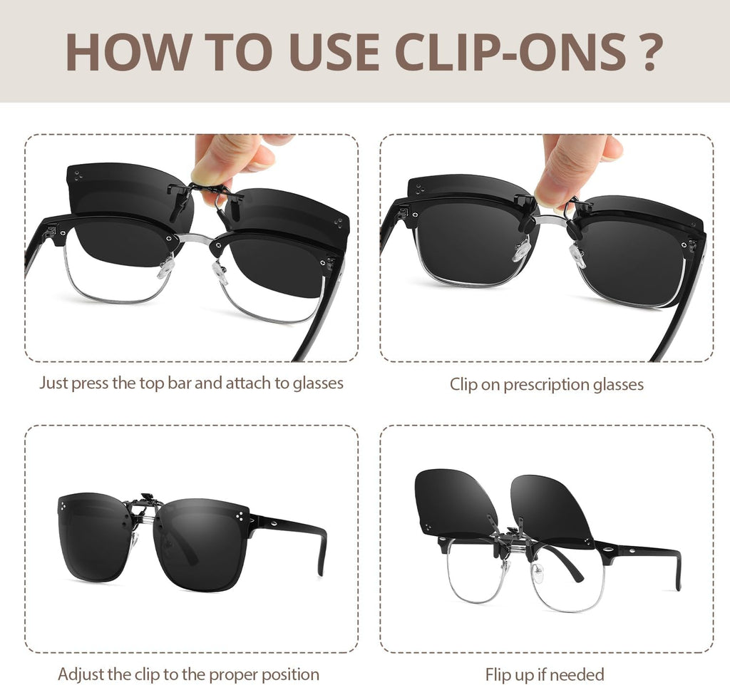 TJUTR Oversized Polarized Clip On Sunglasses Over Prescription Glasses, Flip-Up Metal Clip, Anti Glare UV Protection