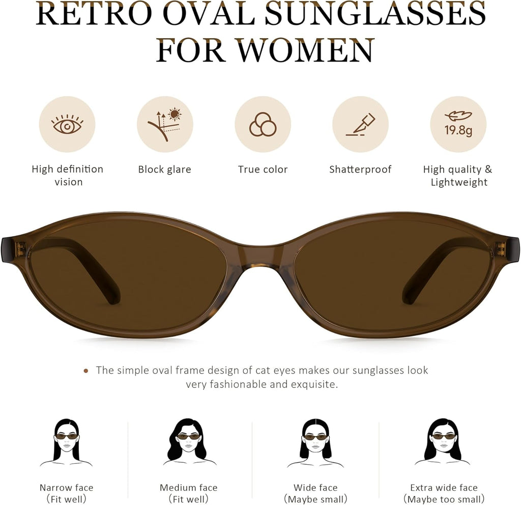 Sunglasses Womens Retro Oval Sunglasses for Women - Cat Eye 90s Glasses Y2K UV400 Lightweight Narrow Shades