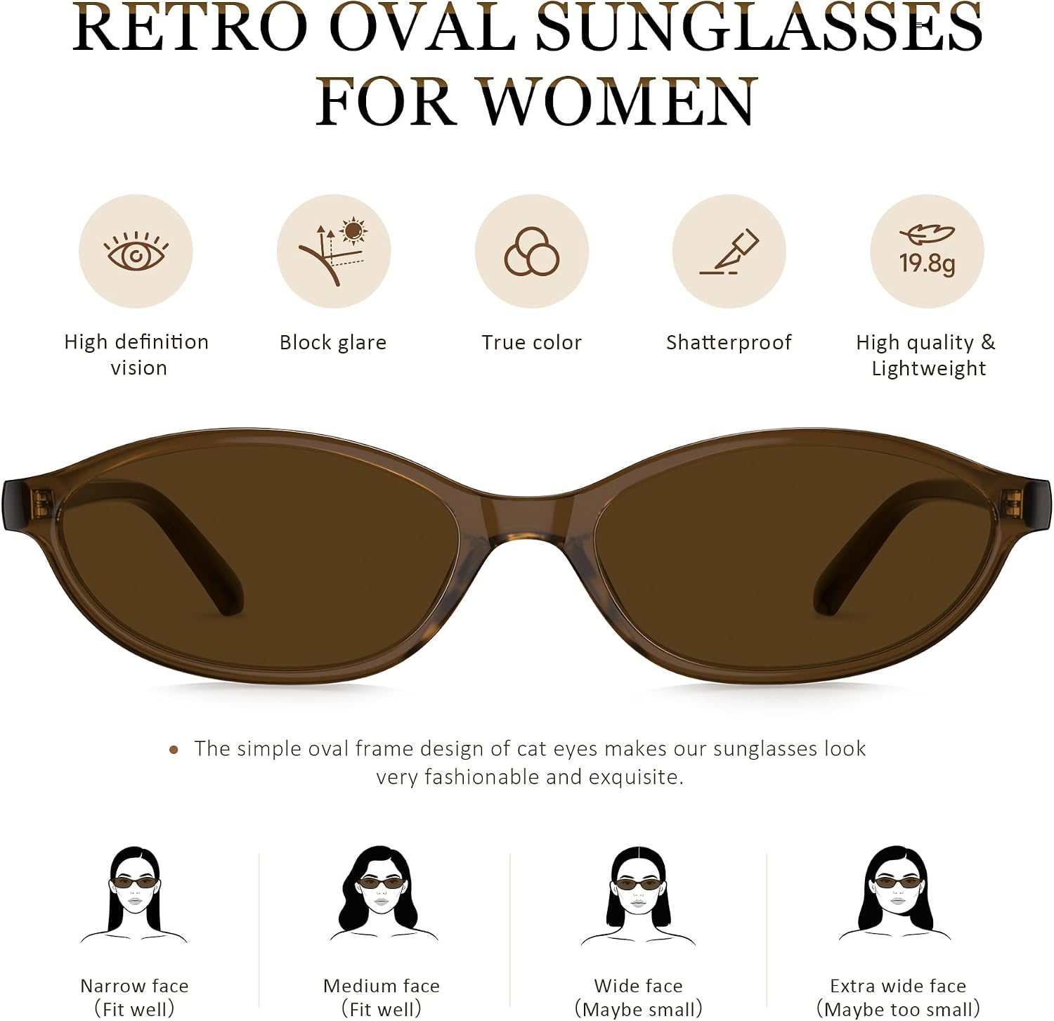 Sunglasses Womens Retro Oval Sunglasses for Women - Cat Eye 90s Glasses Y2K UV400 Lightweight Narrow Shades