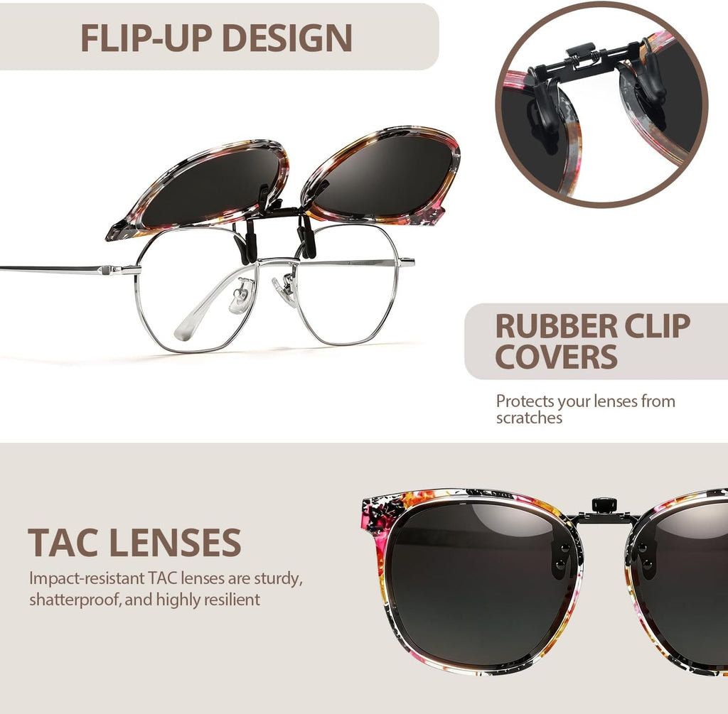 TJUTR Polarized Clip-On Sunglasses Over Prescription Glasses, Flip-Up UV400 Protection, Like Sunglasses Design for Men Women