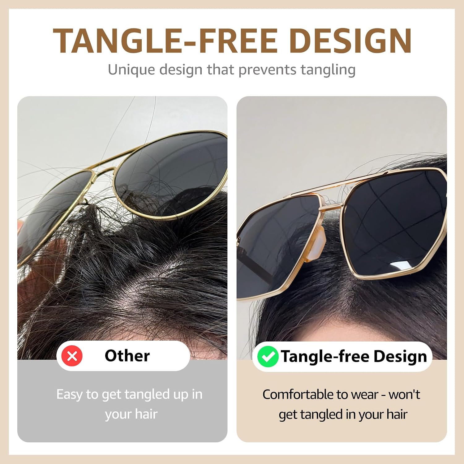 TJUTR Oversized Tangle‑Free Aviator Sunglasses for Women Men, Polarized UV400 Shades, Square Metal Frame with Double‑Bridge