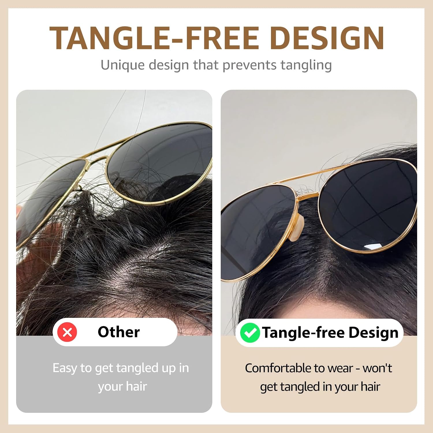 TJUTR Tangle Free Aviator Sunglasses for Women Men, Polarized UV400 Protection Trendy Shades, No-Snag Metal Frame Glasses